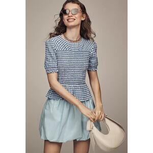 Anthropologie Maeve Smocked Bodice Blue White Gingham Puff Sleeve Blouse Large